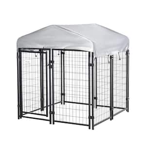 4 ft. x 4 ft. x 4.5 ft. 0.0004-Acre Black Steel In-Ground Dog Fence Dog Kennel Outdoor Steel Fence with Canopy