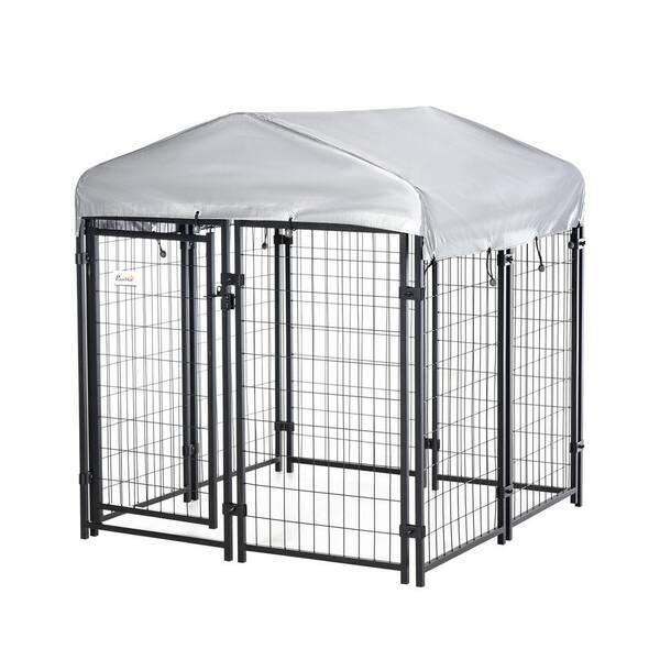 PawHut 4 ft. x 4 ft. x 4.5 ft. 0.0004-Acre Black Steel In-Ground Dog Fence Dog Kennel Outdoor Steel Fence with Canopy