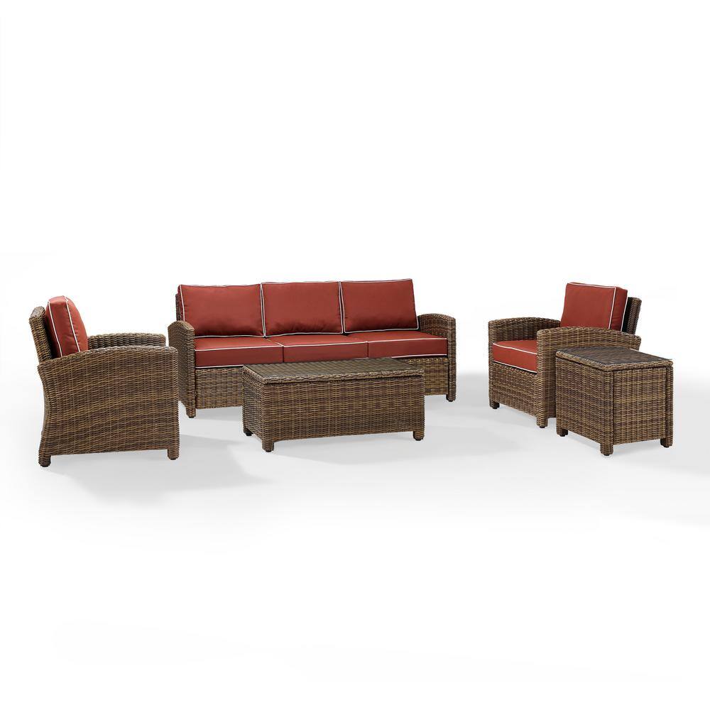 Bradenton 5-Piece Weathered Brown Wicker Outdoor Sofa Set with Sangria Cushions
