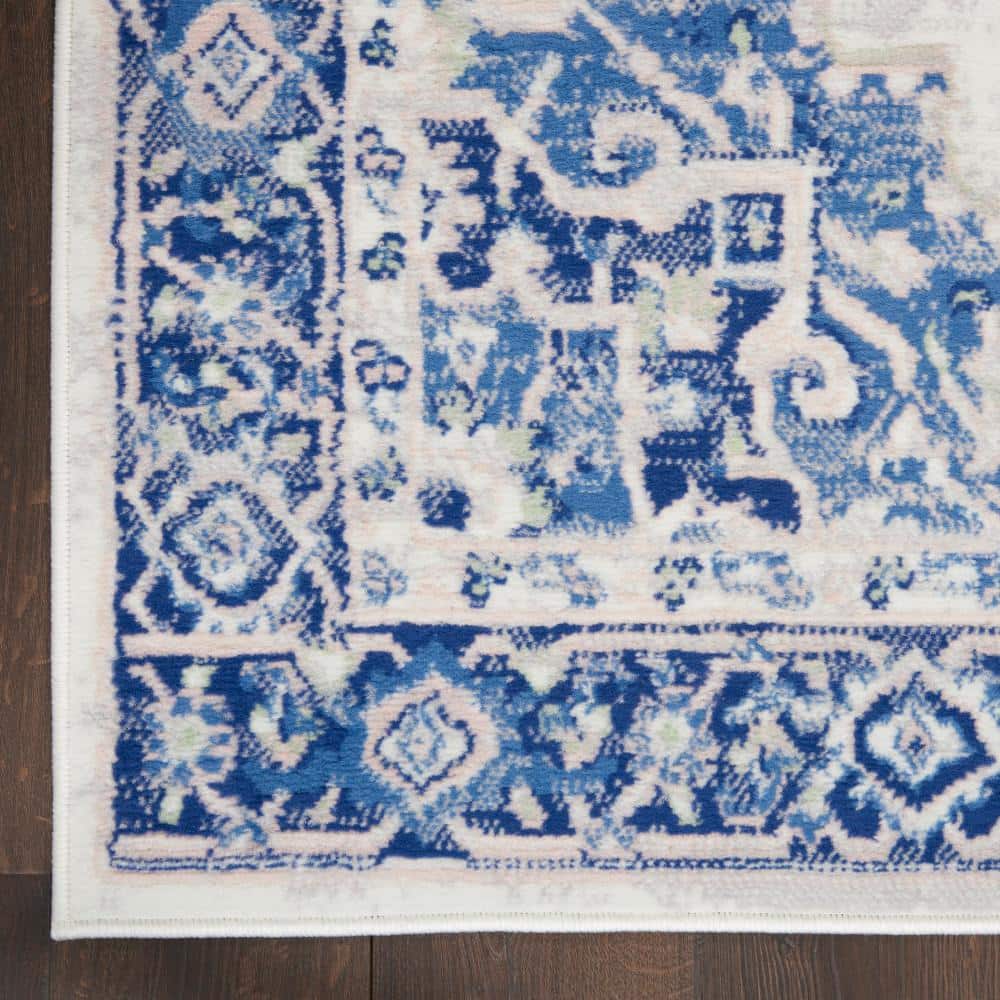 Ivory Blue Floral 4' x 6' Reversible Synthetic Area Rug