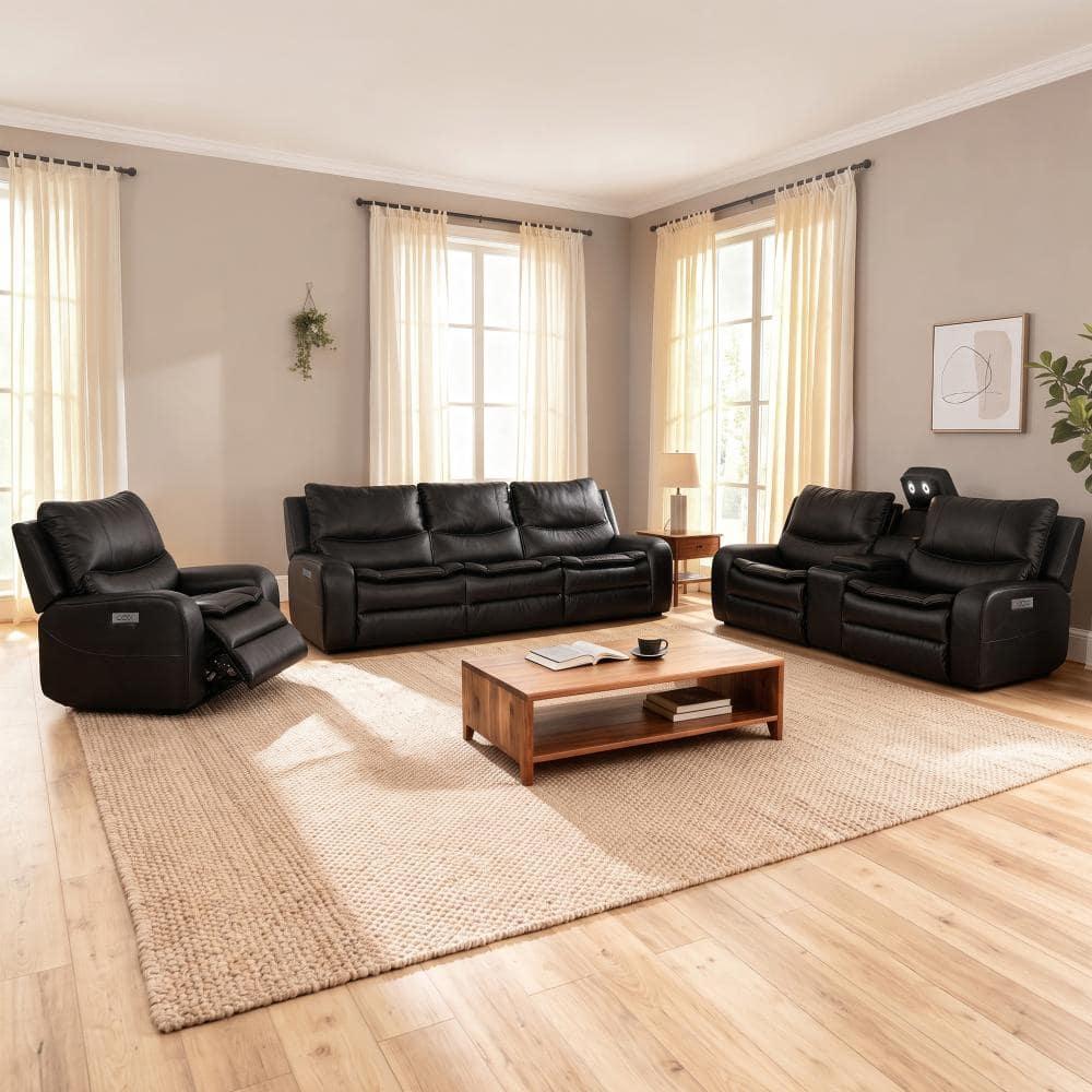 3-Piece Double Width Power Recliner Faux Leather Sofa Living Room Set with Wireless Charger, Reading Light in Black