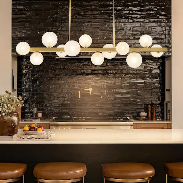 Croner 12-Light Brushed Gold Modern Linear Sputnik Chandelier with Frosted Opal Bubble Globe Glass Shade