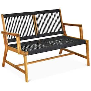 2-Person Black Acacia Wood Outdoor Bench for Balcony and Patio