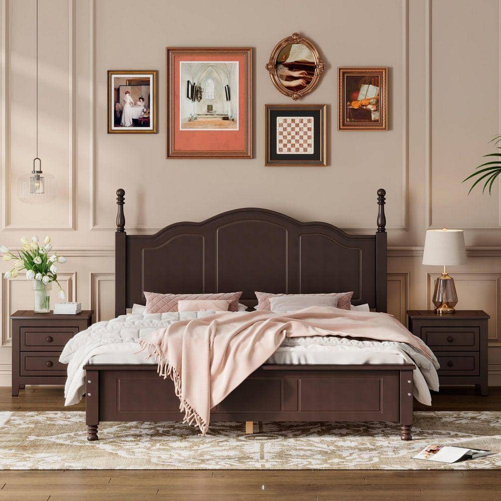 3-Piece Walnut Wood Queen Bedroom Sets Queen Size Platform Bed