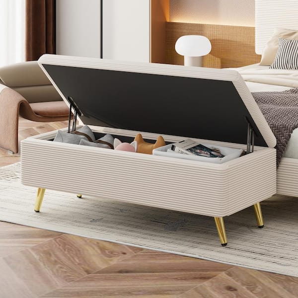 Harper & Bright Designs Beige Modern Corduroy 38.4 in. Upholstered Bedroom Bench Entryway Bench with Metal Legs