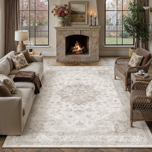 Baykal Taupe 8 ft. x 10 ft. Vintage Washable Medallion Distressed Area Rug