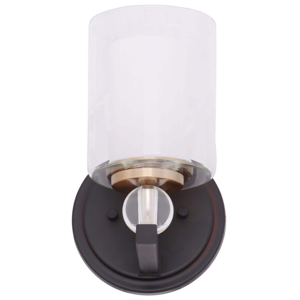 Bronze and Brass Cylinder Vanity Wall Sconce with Clear Glass
