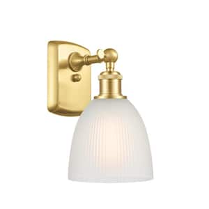 Castile 6 in. 1-Light Satin Gold Wall Sconce with White Glass Shade