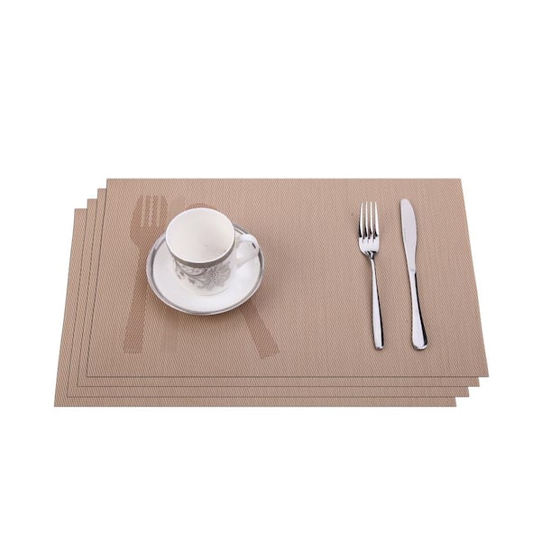 J&V Textiles Cream-Colored Knife and Fork Jacquard 12 in. x 18 in. PVC Fiber Woven Non-Slip Washable Placemat (Set of 4), Ivory