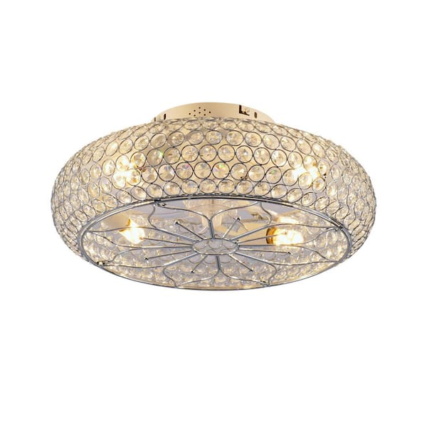 20 in. Chrome Crystal Flush Mount Caged Ceiling Fan with Remote Control