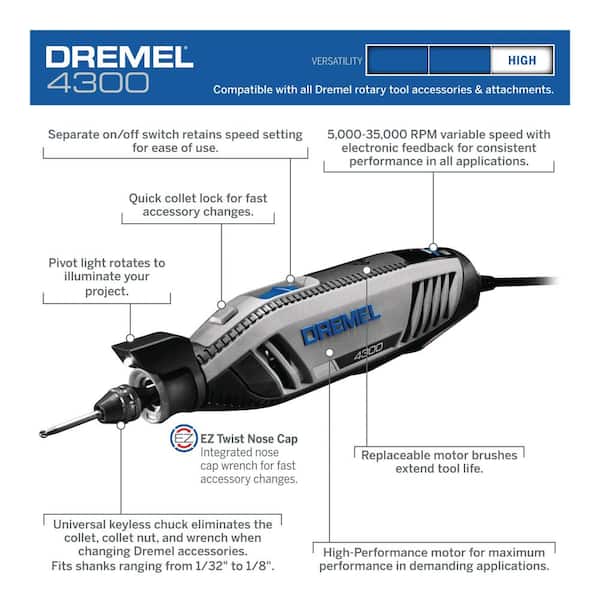 Dremel 4300 Series 1.8 Amp Variable Speed Corded Rotary Tool Kit with Flex Shaft Rotary Attachment 43005/40+22502 - The Home Depot