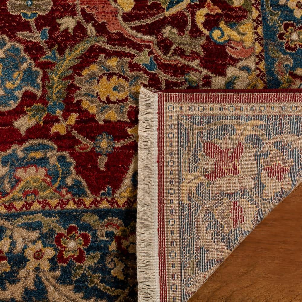 Red and Blue Floral Synthetic Rectangular Area Rug