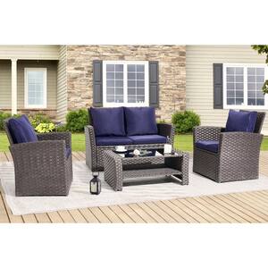 4-Piece Rattan Wicker Patio Conversation Set with Navy Blue Cushions and Coffee Table