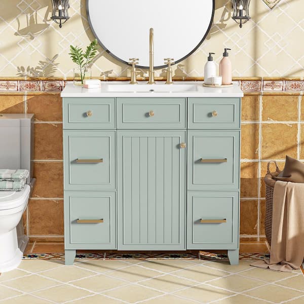 Boosicavelly 36 in. W x 18 in. D x 34 in. H Single Sink Freestanding Bath Vanity in Green with White Ceramic Top