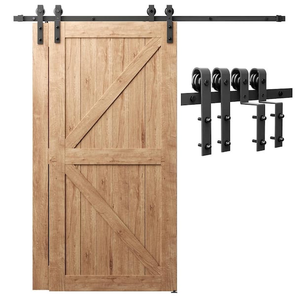 8 ft./96 in. Black Steel Sliding Barn Door Track and Hardware Kit for Double Doors with Floor Guides (J-Shape Hanger) 8 ft./96 in. Black Steel Sliding Barn Door Track and Hardware Kit for Double Doors with Floor Guides (J-Shape Hanger)