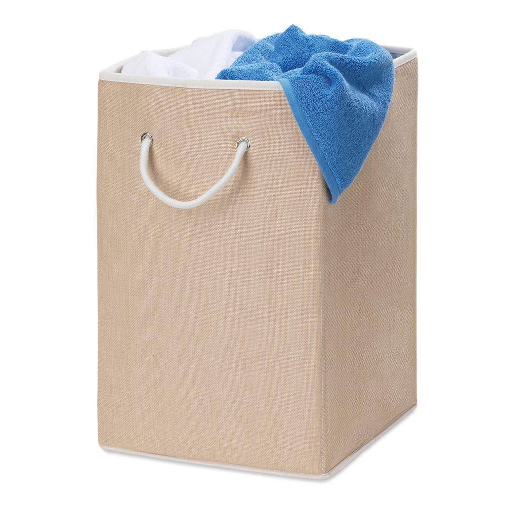 Beige Collapsible Resin Laundry Hamper with Lid and Handles