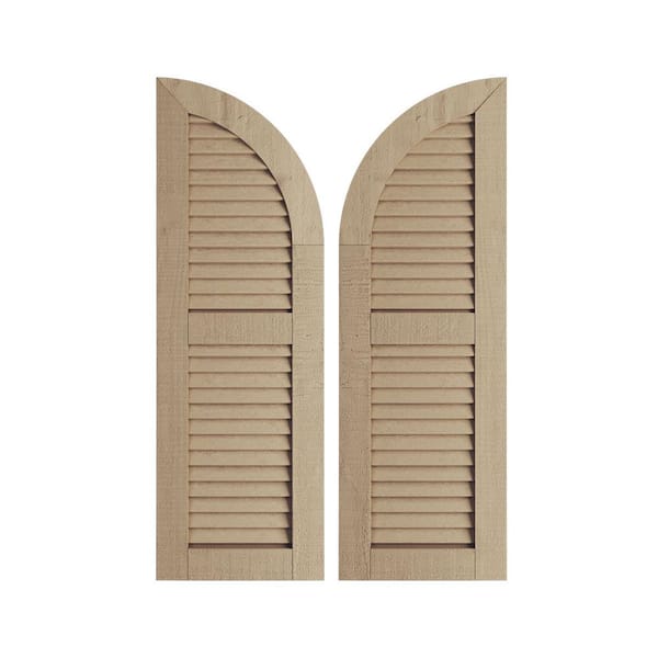 Ekena Millwork 18 x 72" Timberthane Polyurethane Rough Cedar 2-Equal Louvered Quarter Round Arch Top Faux Wood Shutters Pair in Primed