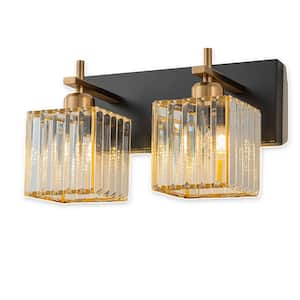 Orillia 12.6 in. 2-Light Black and Gold Bathroom Vanity Light with Square Shape Crystal Shade Wall Sconce Over Mirror