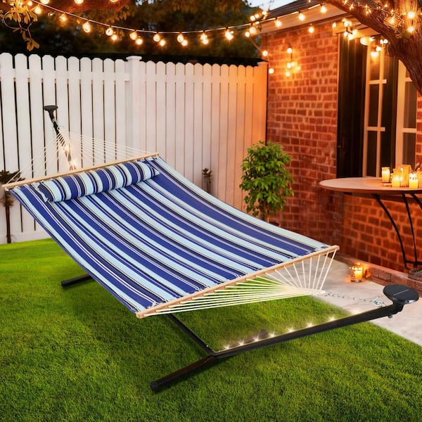 12 ft. Portable Heavy-Duty Hammock with Stand and Detachable Pillow-Solar Powered LED Lights-475 lbs. Capacity in Blue