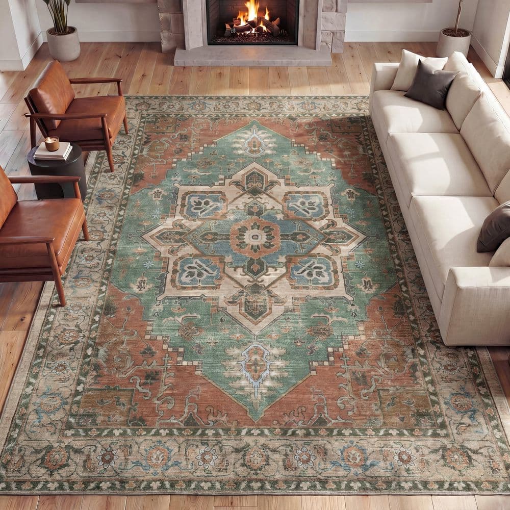 Sersi Ornate Large Medallion Border Non-Slip Machine-Washable Green/Brown 4 ft. x 6 ft. Area Rug price history on PriceWatchPro