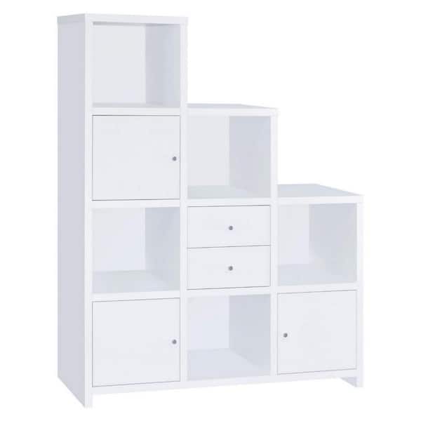 Benjara 50 in. L x 15.25 in. W x 63 in. H White Asymmetrical Bookcase with Cube Storage Compartments
