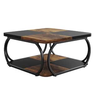 Allan 39.25 in. Rustic Brown & Black Square Wood Coffee Table with Wood Storage Shelf & Curved Frame for Living Room