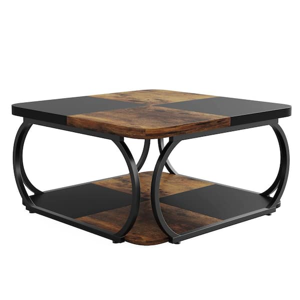 BYBLIGHT Allan 39.25 in. Rustic Brown and Black Square Wood Coffee Table with Wood Storage Shelf and Curved Frame for Living Room