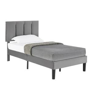 Upholstered Bedframe, Gray Metal Frame Twin Platform Bed with Adjustable Headboard, Wood Slat, No Box Spring Needed