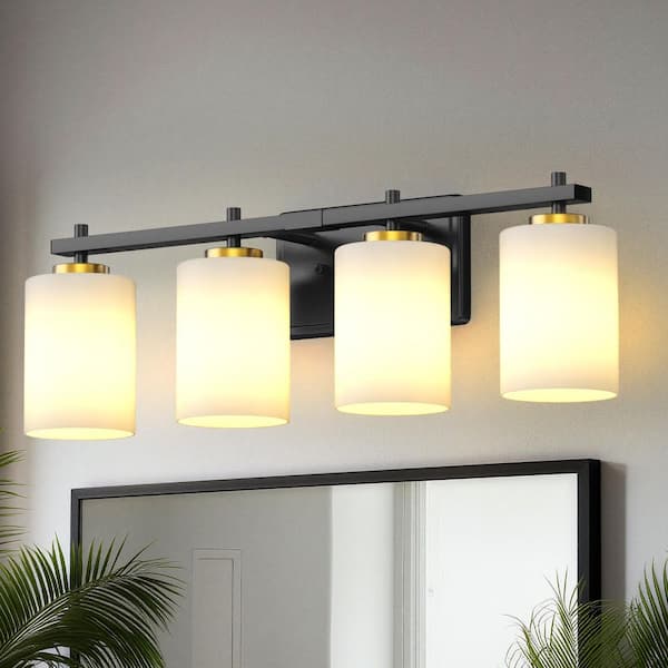 YANSUN 24 in. 4-Light Frosted Glass Vanity Light with Black and Gold Iron Frame for Bathroom