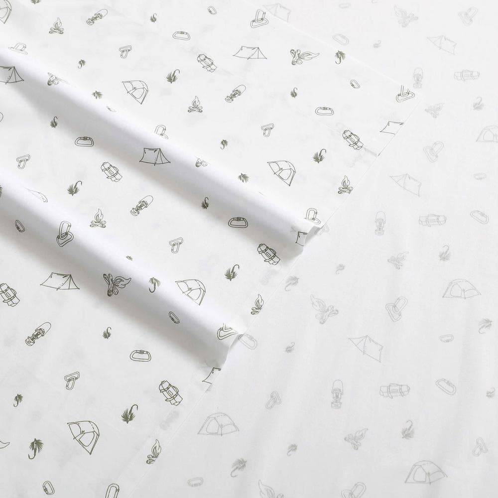 White Cotton Percale Twin Sheet Set with Outdoor Print