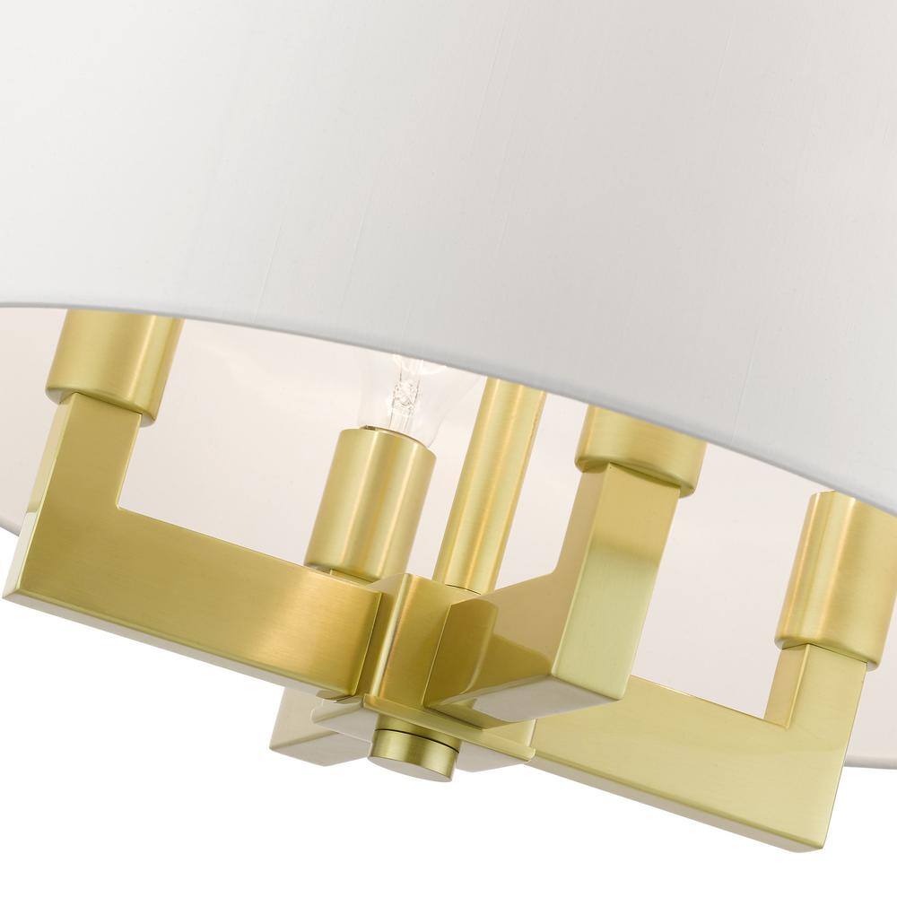 Mini Drum Satin Brass 4-Light Chandelier with Off-White Shade