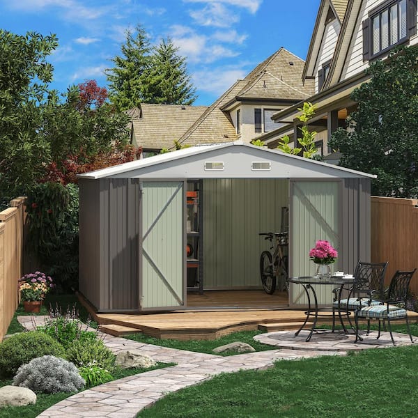 10 ft. W x 8 ft. D Outdoor Storage Shed Galvanized Metal Shed with Lockable Doors, Gray (80 sq. ft.)