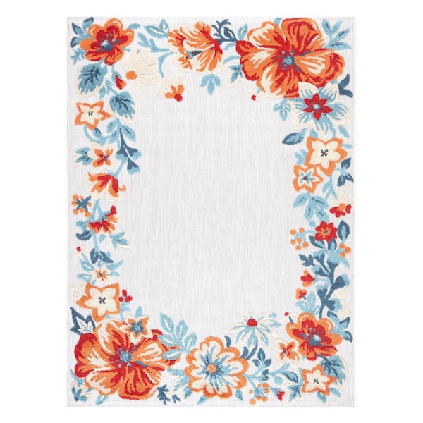 Hibiscus Bloom Bordered Grey/Red 5 ft. x 7 ft. Floral Modern Indoor/Outdoor Patio Area Rug