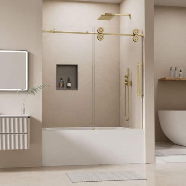 56 in.-60 in. W x 60 in. H Single Sliding Frameless Tub Door in Brushed Gold with 5/16 in. Tempered Clear Glass