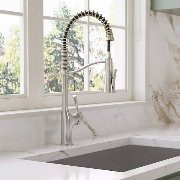 23.8 in. Single Handle Spring 360° Swivel Pull Down Sprayer Kitchen Faucet with Spray Wand in Brushed Stainless