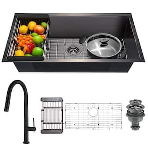 Gunmetal Matte Black Finish Stainless Steel 32 in. x 18 in. Single Bowl Undermount Kitchen Sink with Pull-down Faucet