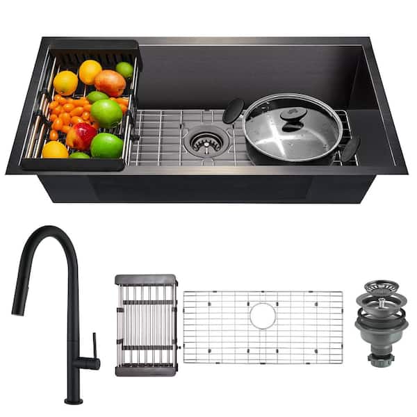 AKDY Gunmetal Matte Black Finish Stainless Steel 32 in. x 18 in. Single Bowl Undermount Kitchen Sink with Pull-down Faucet