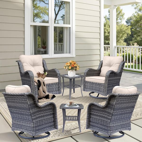 Gray 6 Piece Wicker Patio Conversation Set Swivel Rocking Chairs with Side Table and Beige Cushions