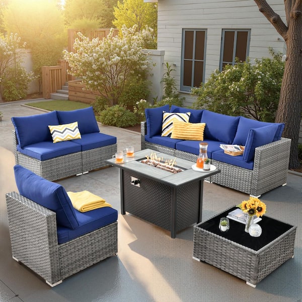 HOOOWOOO Messi Gray 8-Piece Wicker Outdoor Patio Conversation Sectional Sofa Set with a Metal Fire Pit and Navy Blue Cushions