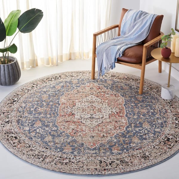 Vivaldi 7 ft. x 7 ft. Blue/Rust Distressed Border Round Area Rug