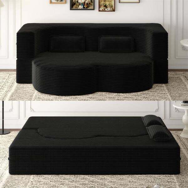 Harper & Bright Designs 78 in. Black Plush Corduroy Sleeper Sofa