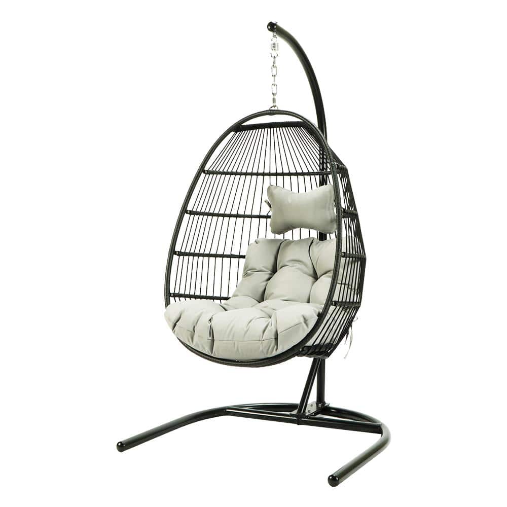 78 in. Wicker Single Egg Shape Patio Swing Chair with Beige Cushion