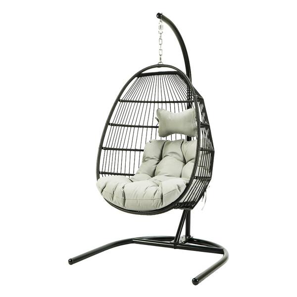 waelph Outdoor Indoor Wicker Swing Bracket Egg Hanging Chair with Beige Cushion