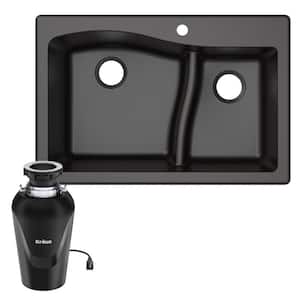 Quarza Black Granite Composite 33 " 60/40 Double Bowl Drop-In/Undermount Kitchen Sink with WasteGuard Garbage Disposal