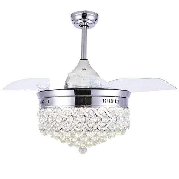 42 In Indoor Modern Invisible Retractable Chrome Crystal Ceiling Fan With Light And Remote Control Bd4203 C Remote Control, Modern Crystal Ceiling Fan With Remote Control Satin Nickel