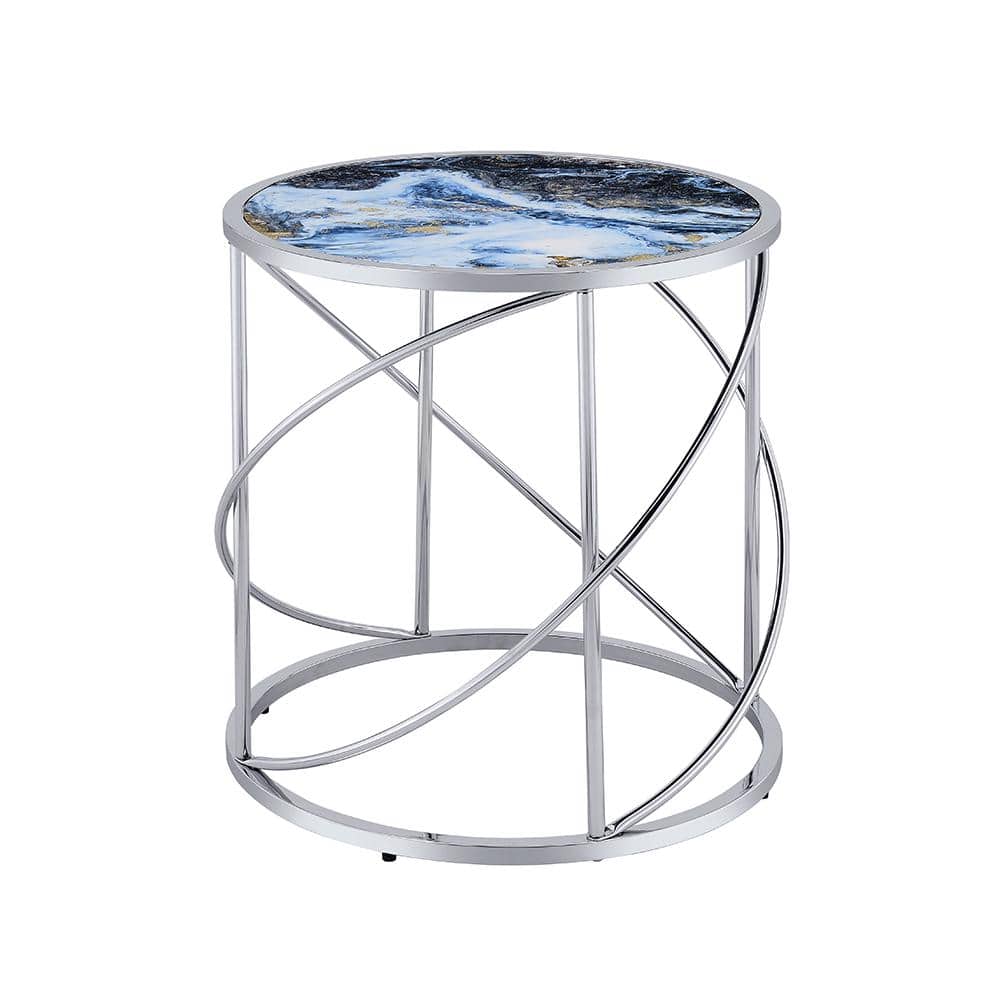 Lyda Round Blue Marble Print and Chrome End Table