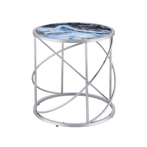 Lyda 22.13 in. Blue Marble Print and Chrome Finish Round Metal end table