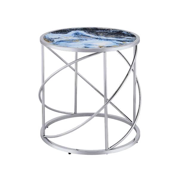 Acme Furniture Lyda 22.13 in. Blue Marble Print and Chrome Finish Round Metal end table