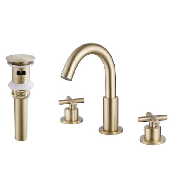 AIMADI 8 in. Widespread Double Handle Bathroom Faucet with Drain Assembly 3 Hole Brass Bathroom Sink Taps in Brushed Gold