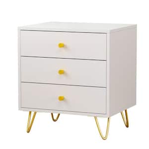 3-Drawer White Nightstands With Metal Legs, Side Table Bedside Table 21.6" H x 19.6" W x 15.7" D
